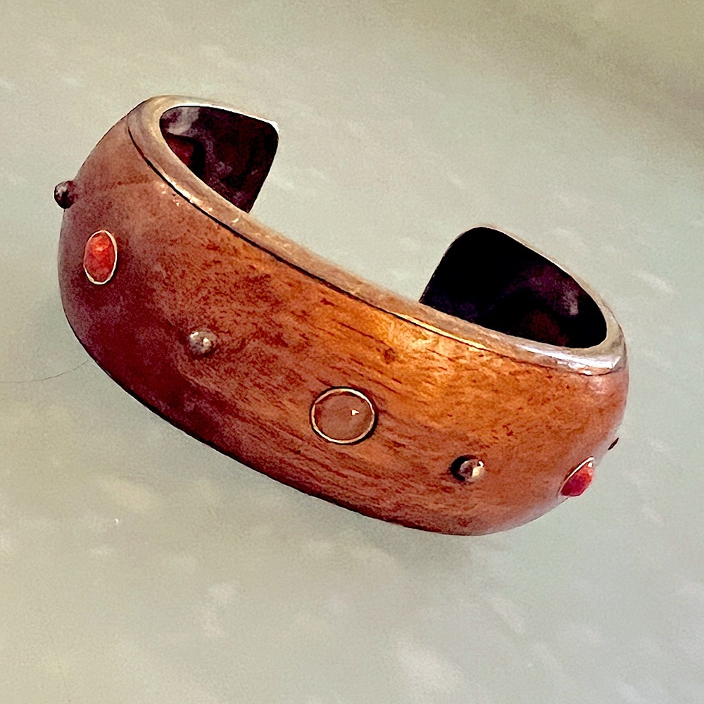 “Peyote Bird” Vintage Southwestern Sterling Wood Jeweled Cuff Bracelet, Signed